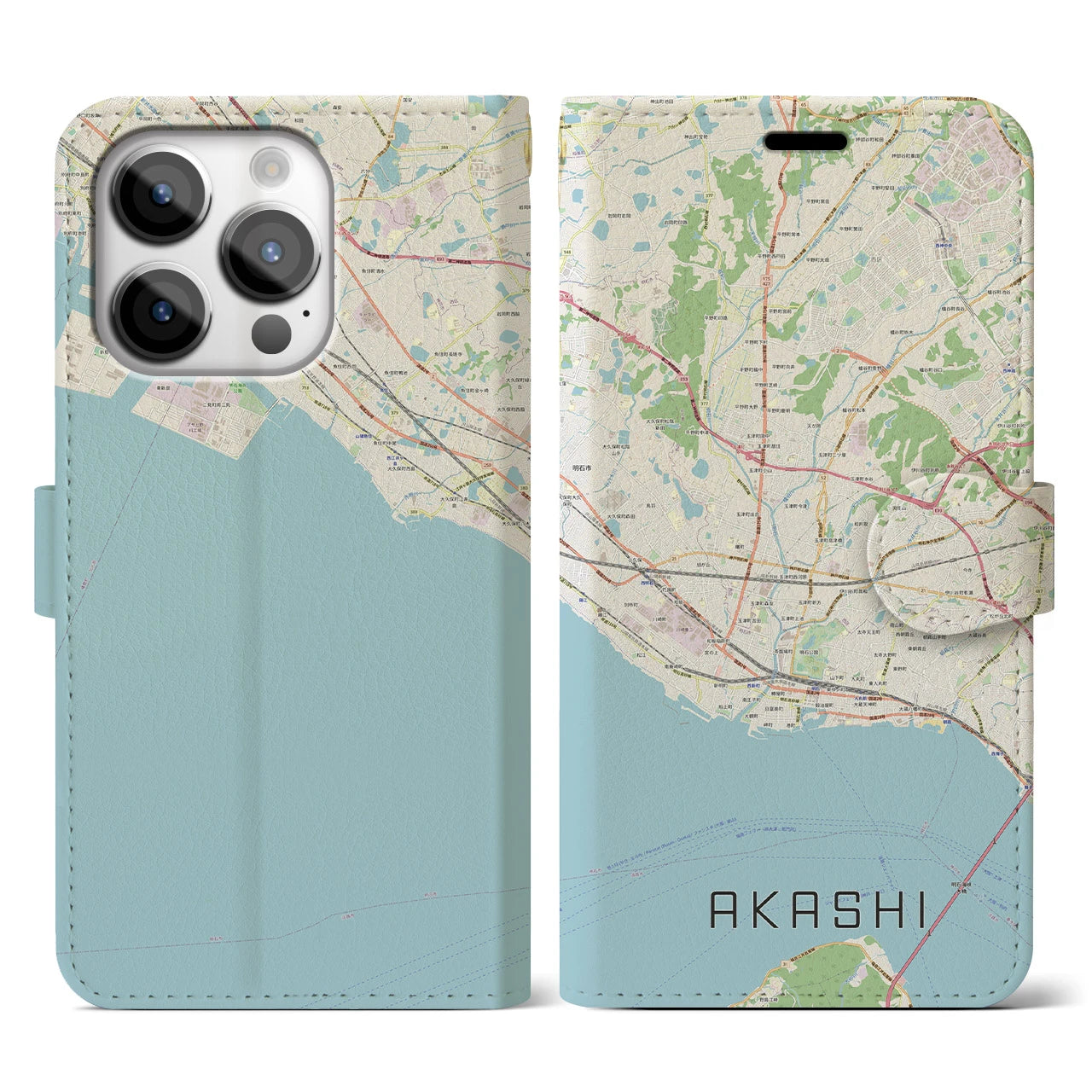 【明石(兵庫県)】地図柄iPhoneケース(手帳タイプ)ナチュラル・iPhone 14 Pro 用