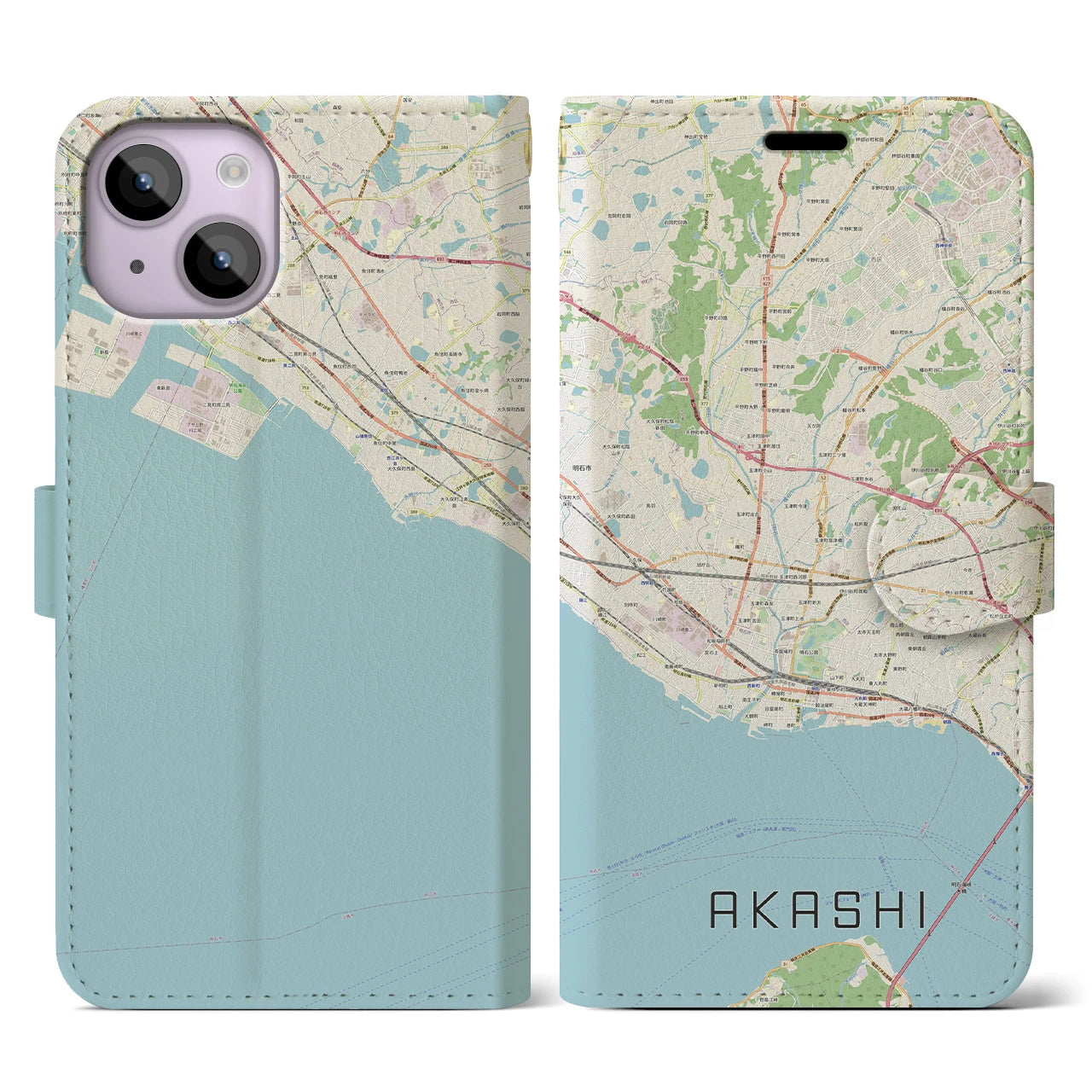 【明石(兵庫県)】地図柄iPhoneケース(手帳タイプ)ナチュラル・iPhone 14 用
