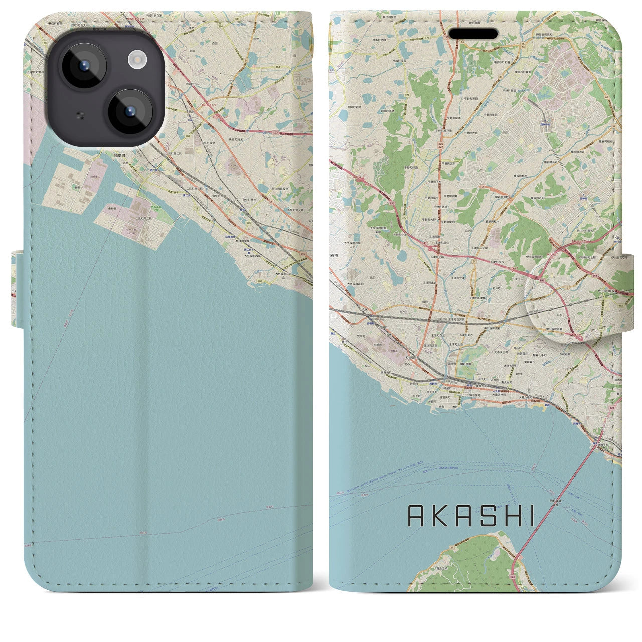 【明石(兵庫県)】地図柄iPhoneケース(手帳タイプ)ナチュラル・iPhone 14 Plus 用