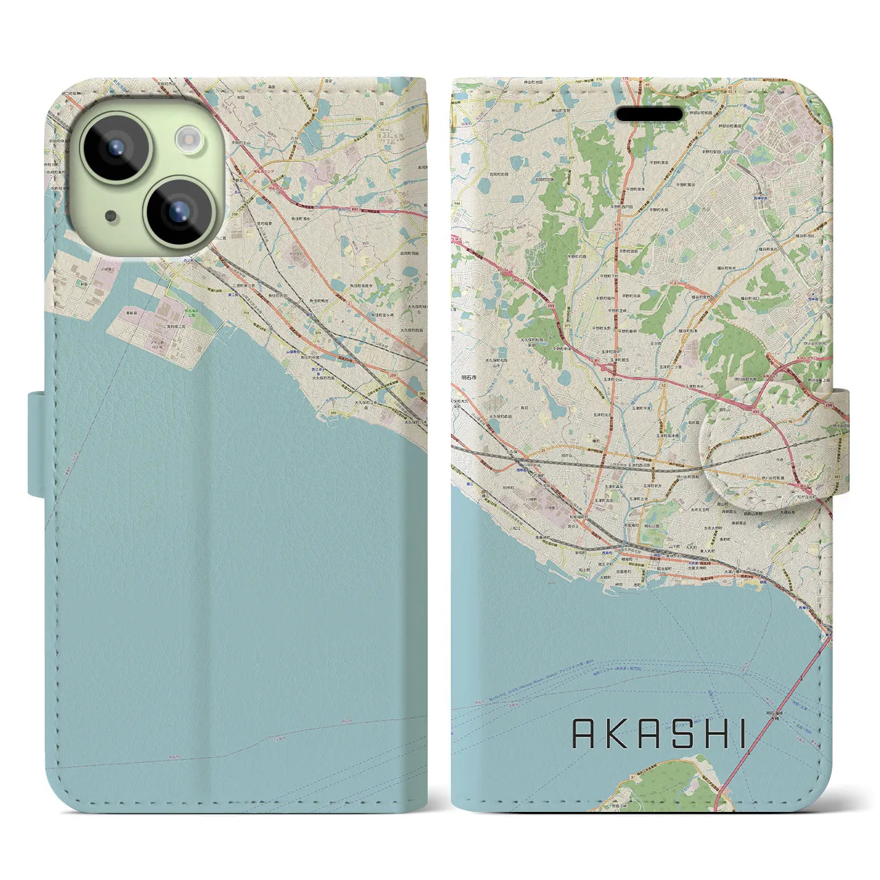 【明石(兵庫県)】地図柄iPhoneケース(手帳タイプ)ナチュラル・iPhone 15 用