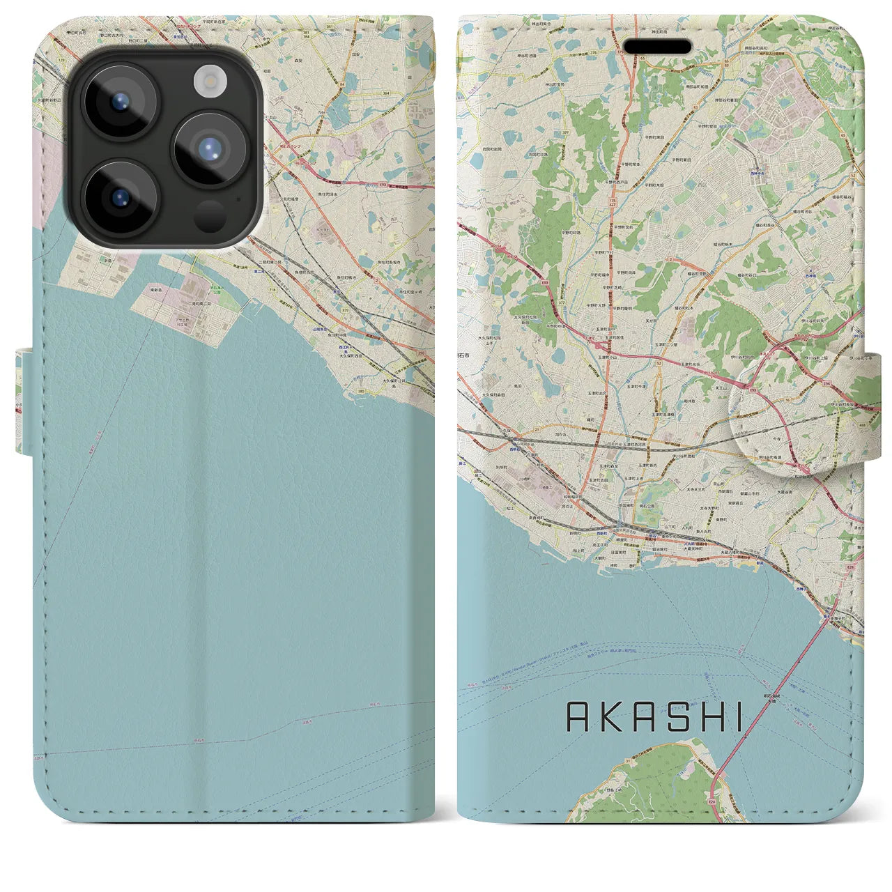 【明石(兵庫県)】地図柄iPhoneケース(手帳タイプ)ナチュラル・iPhone 15 Pro Max 用