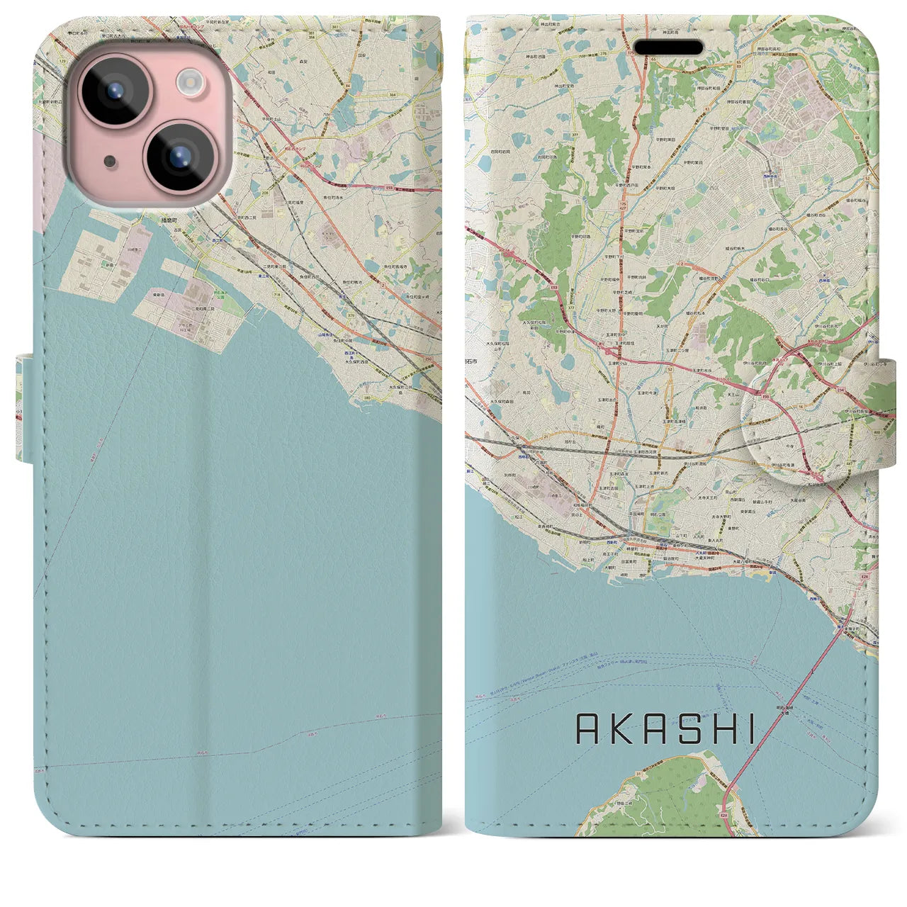 【明石(兵庫県)】地図柄iPhoneケース(手帳タイプ)ナチュラル・iPhone 15 Plus 用