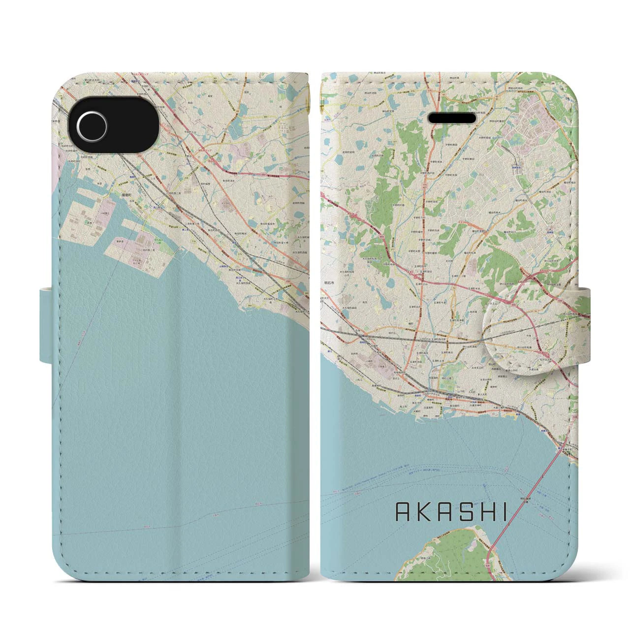 【明石(兵庫県)】地図柄iPhoneケース(手帳タイプ)ナチュラル・iPhone SE(第3 / 第2世代) / 8 / 7 / 6s / 6 用
