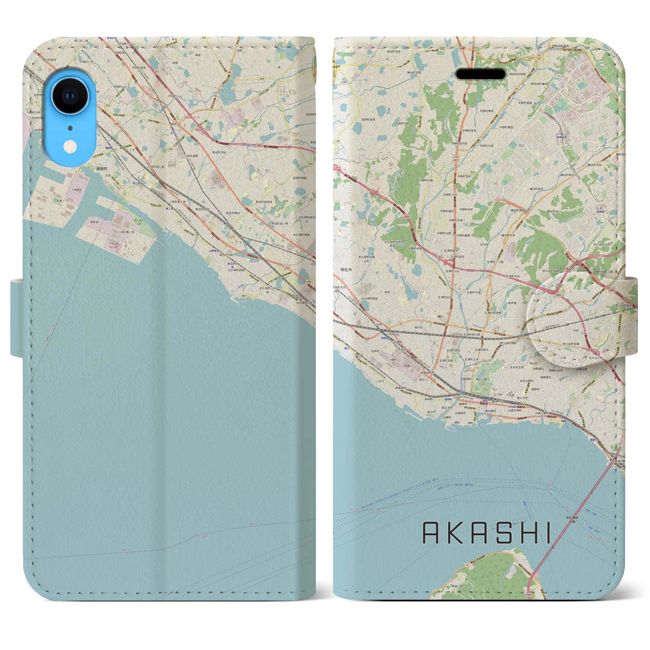 【明石(兵庫県)】地図柄iPhoneケース(手帳タイプ)ナチュラル・iPhone XR 用