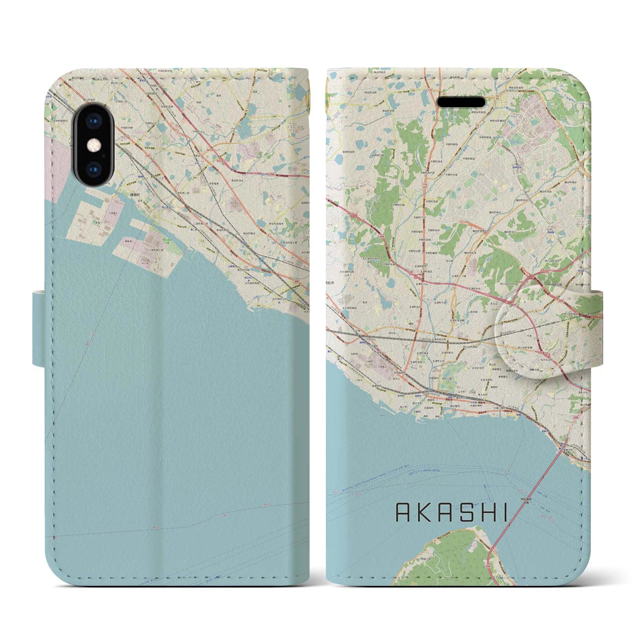 【明石(兵庫県)】地図柄iPhoneケース(手帳タイプ)ナチュラル・iPhone XS / X 用