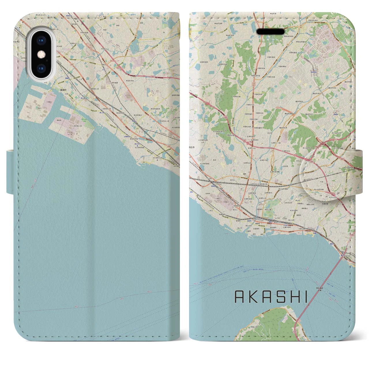 【明石(兵庫県)】地図柄iPhoneケース(手帳タイプ)ナチュラル・iPhone XS Max 用