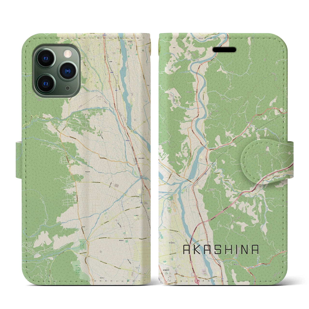【明科(長野県)】地図柄iPhoneケース(手帳タイプ)ナチュラル・iPhone 11 Pro 用