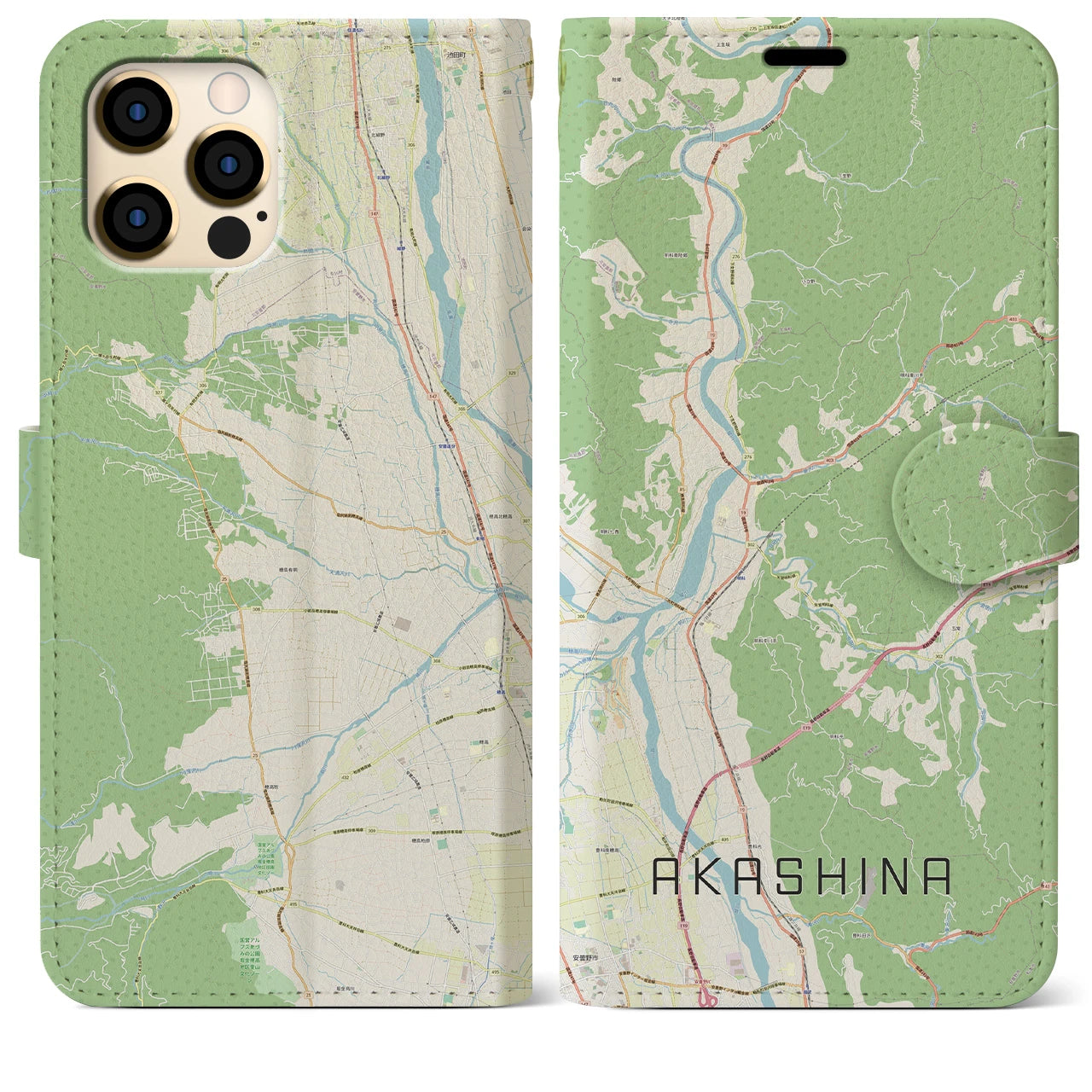 【明科(長野県)】地図柄iPhoneケース(手帳タイプ)ナチュラル・iPhone 12 Pro Max 用