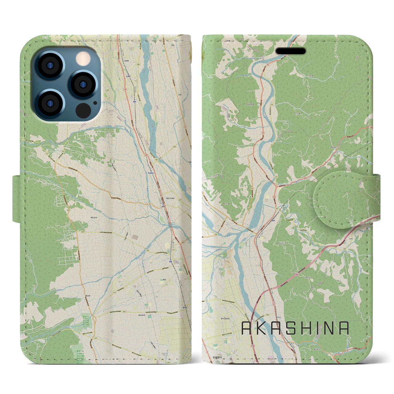 【明科(長野県)】地図柄iPhoneケース(手帳タイプ)ナチュラル・iPhone 12 / 12 Pro 用