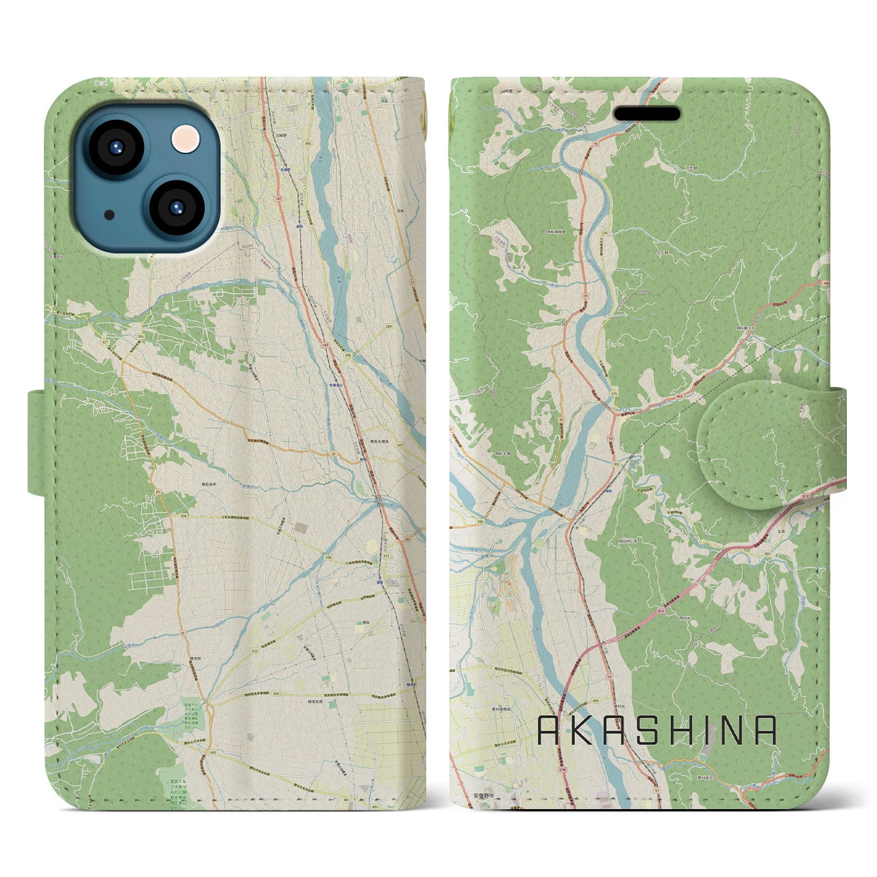 【明科(長野県)】地図柄iPhoneケース(手帳タイプ)ナチュラル・iPhone 13 用