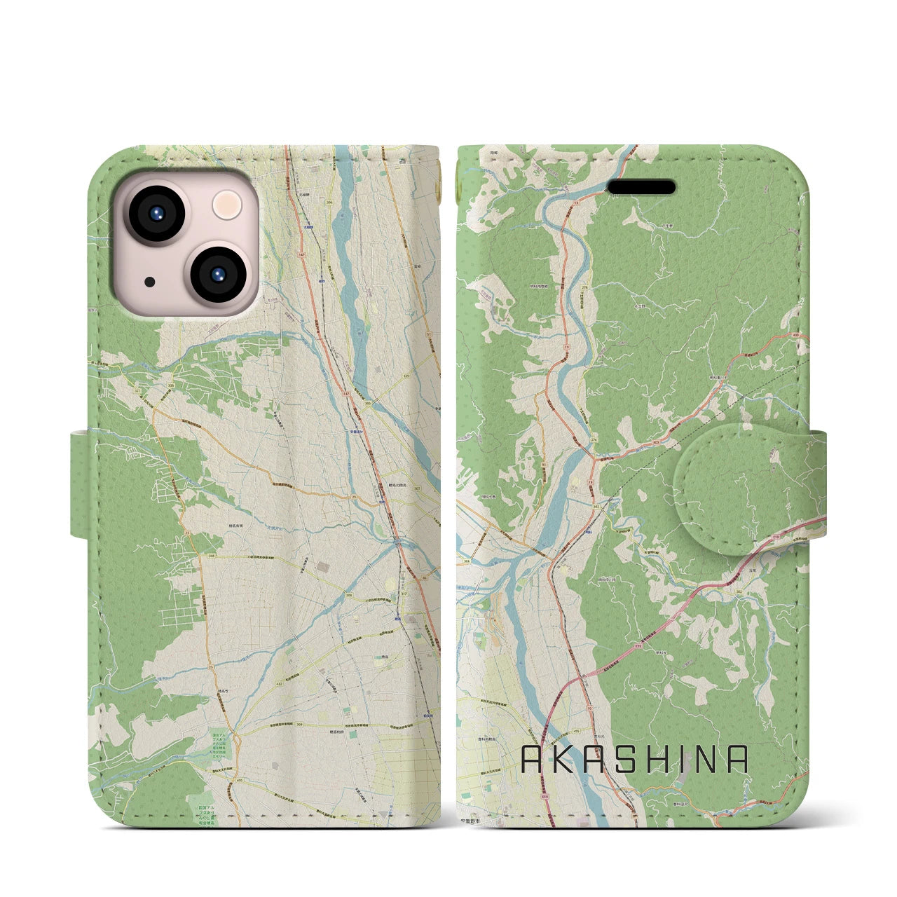 【明科(長野県)】地図柄iPhoneケース(手帳タイプ)ナチュラル・iPhone 13 mini 用