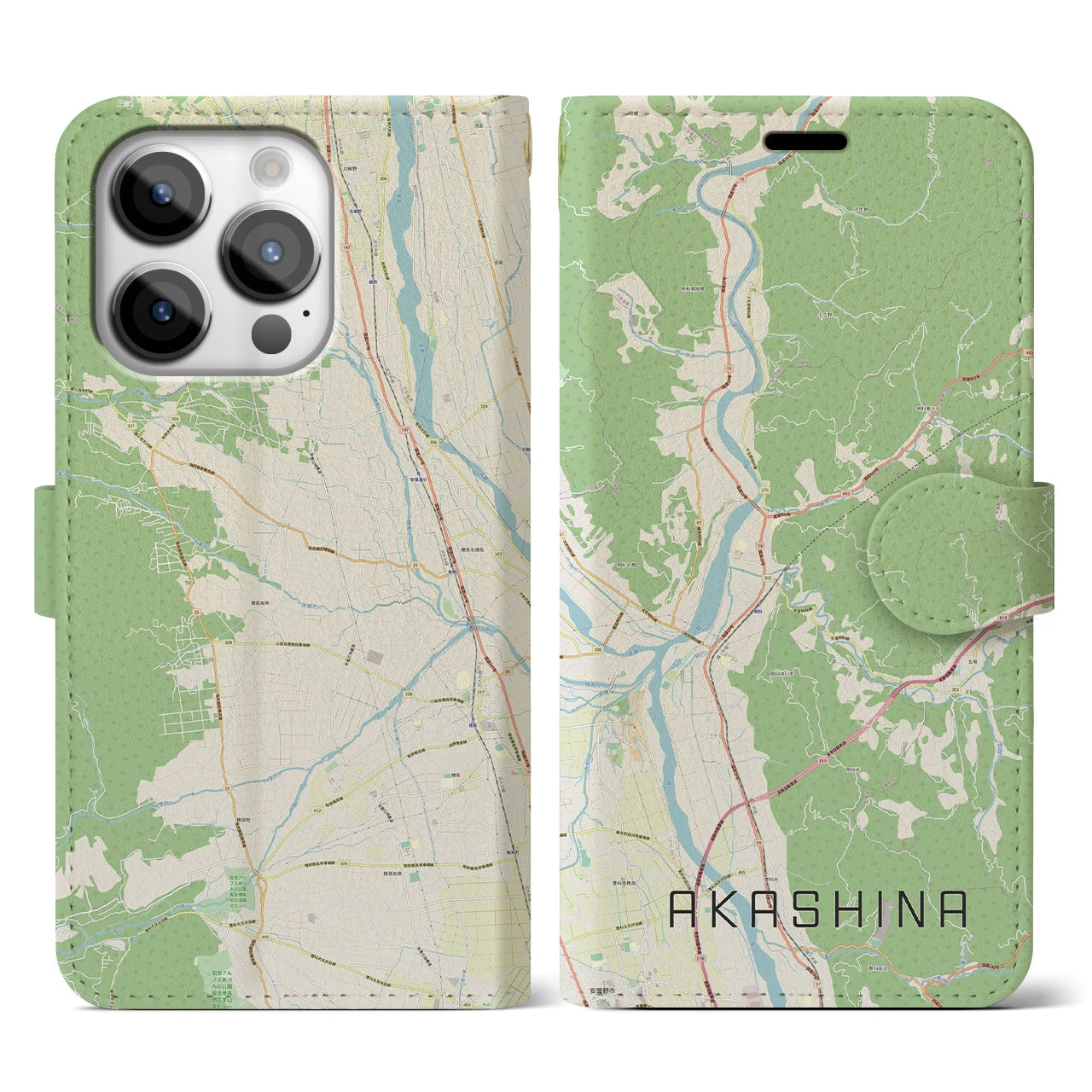 【明科(長野県)】地図柄iPhoneケース(手帳タイプ)ナチュラル・iPhone 14 Pro 用