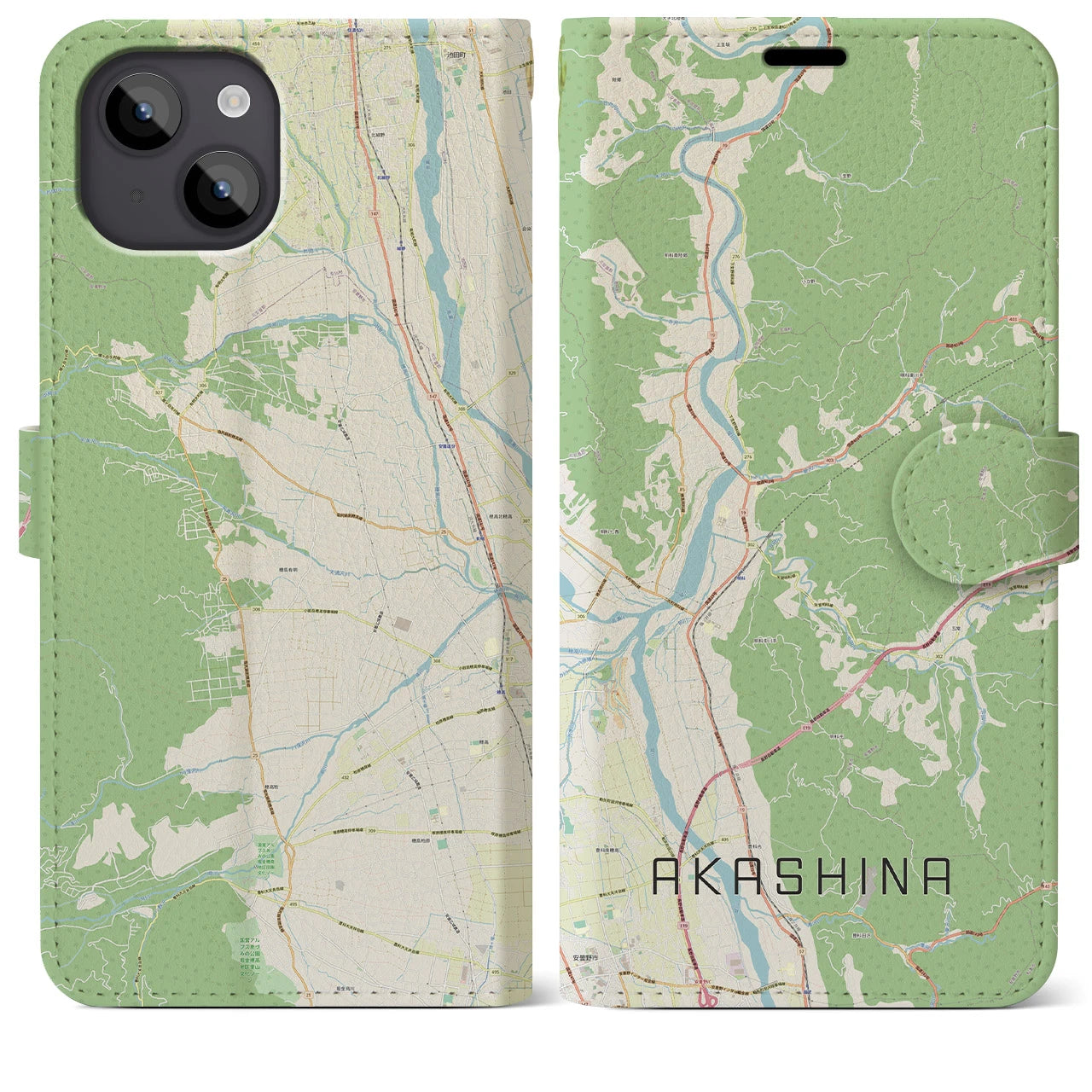 【明科(長野県)】地図柄iPhoneケース(手帳タイプ)ナチュラル・iPhone 14 Plus 用