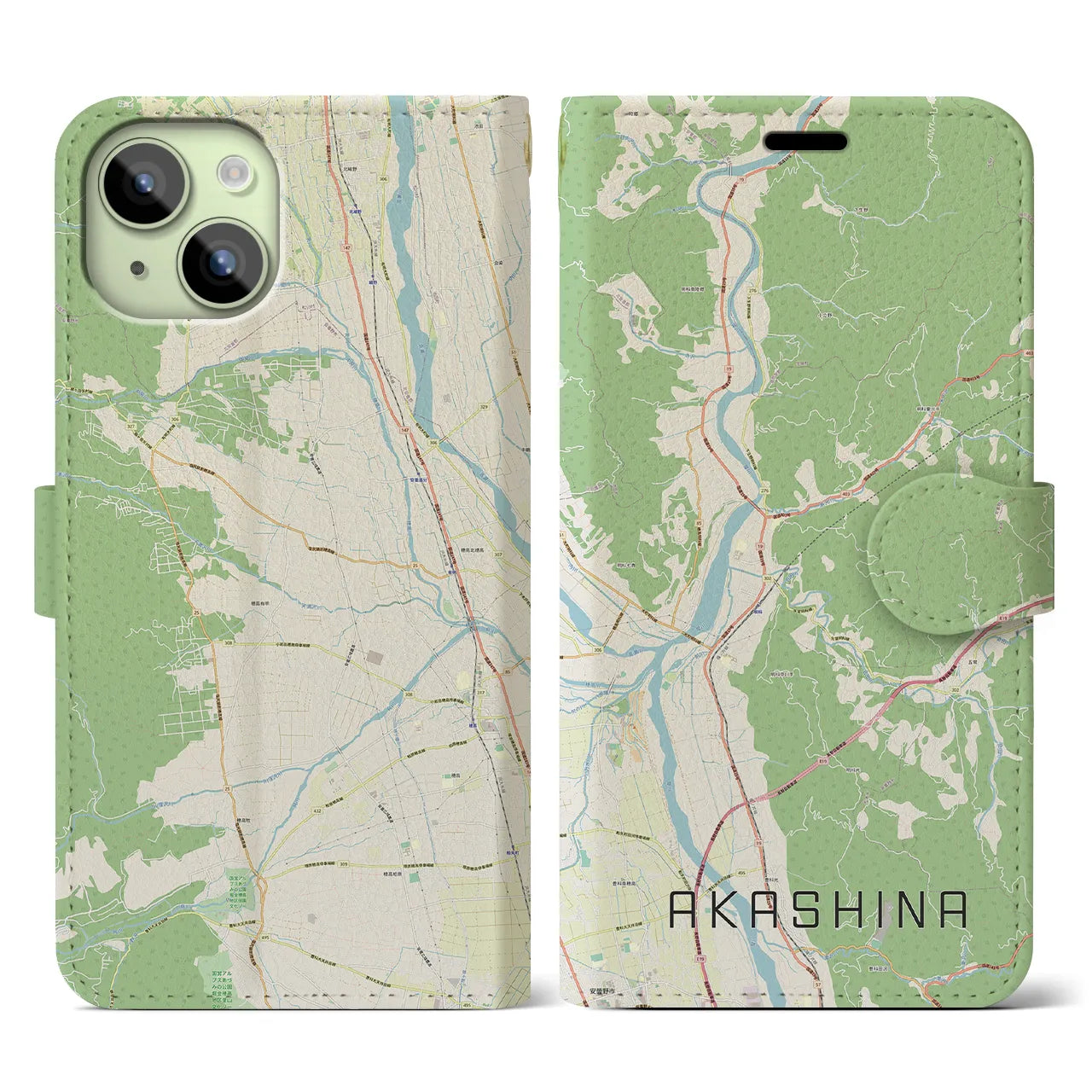 【明科(長野県)】地図柄iPhoneケース(手帳タイプ)ナチュラル・iPhone 15 用