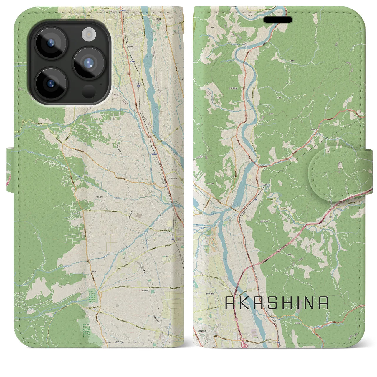 【明科(長野県)】地図柄iPhoneケース(手帳タイプ)ナチュラル・iPhone 15 Pro Max 用