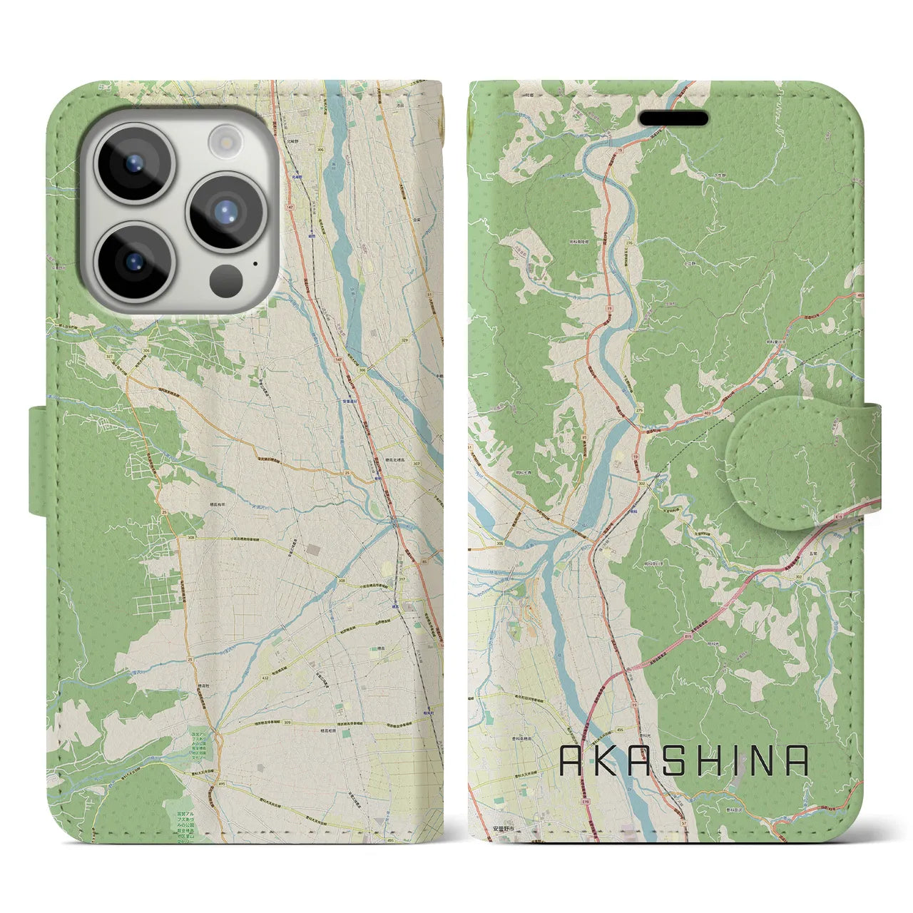 【明科(長野県)】地図柄iPhoneケース(手帳タイプ)ナチュラル・iPhone 15 Pro 用