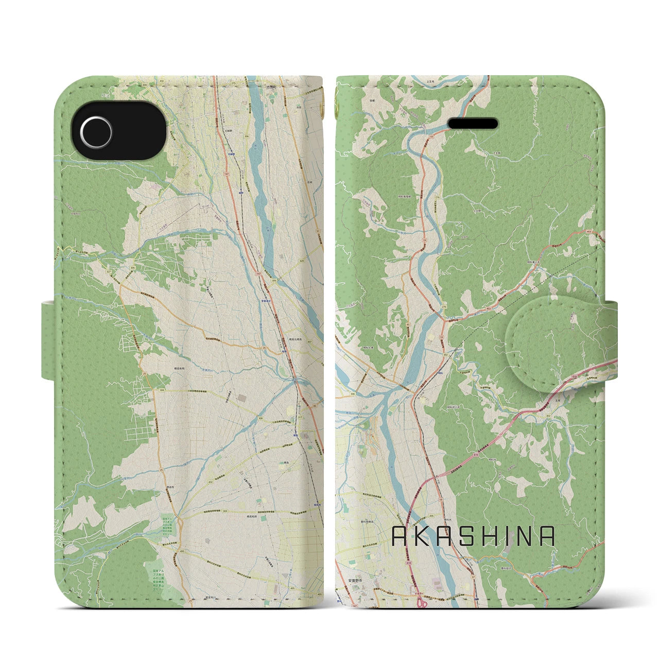 【明科(長野県)】地図柄iPhoneケース(手帳タイプ)ナチュラル・iPhone SE(第3 / 第2世代) / 8 / 7 / 6s / 6 用