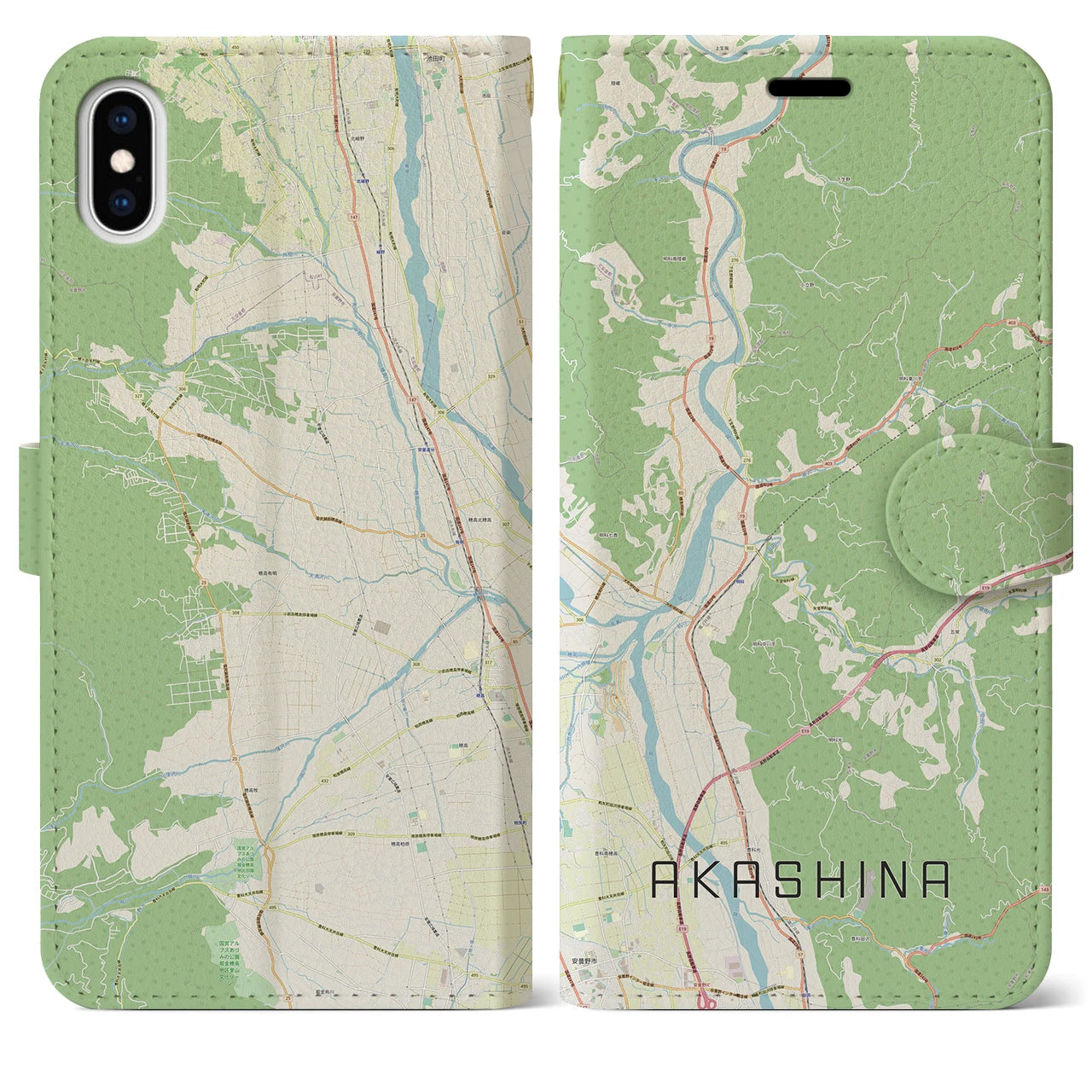 【明科(長野県)】地図柄iPhoneケース(手帳タイプ)ナチュラル・iPhone XS Max 用