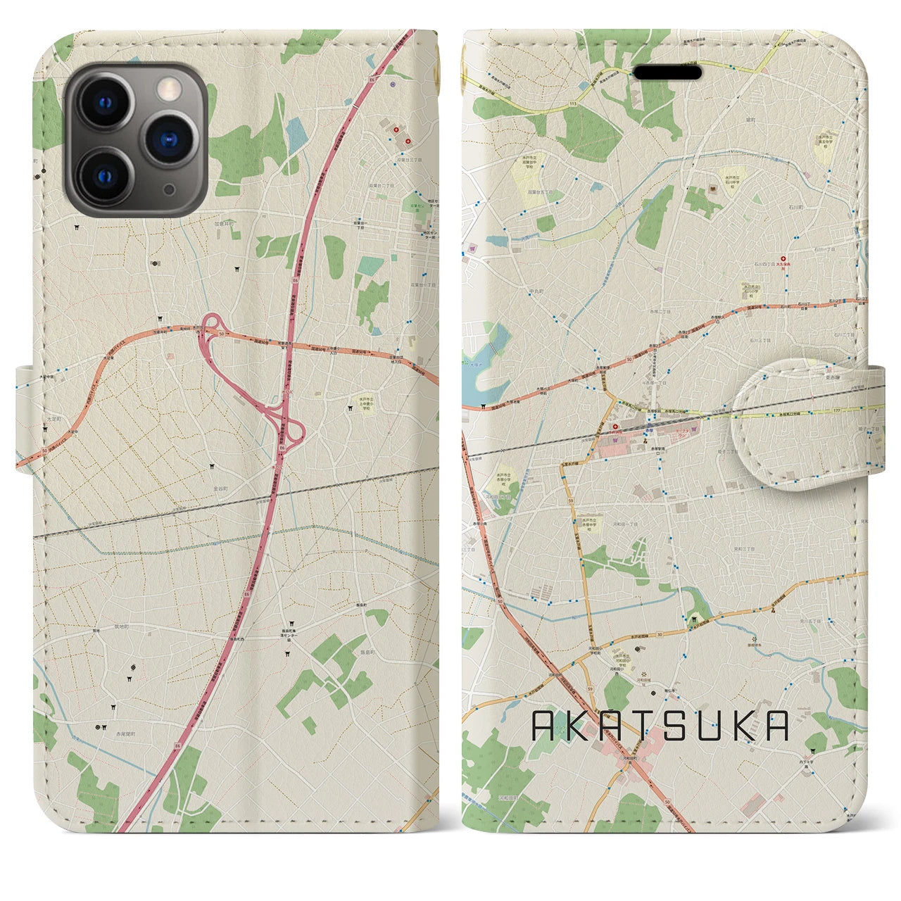 【赤塚(茨城県)】地図柄iPhoneケース(手帳タイプ)ナチュラル・iPhone 11 Pro Max 用