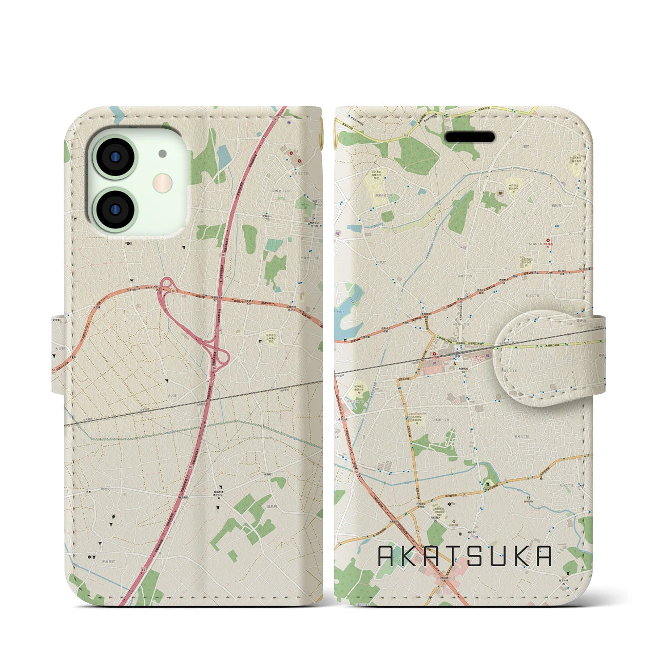 【赤塚(茨城県)】地図柄iPhoneケース(手帳タイプ)ナチュラル・iPhone 12 mini 用