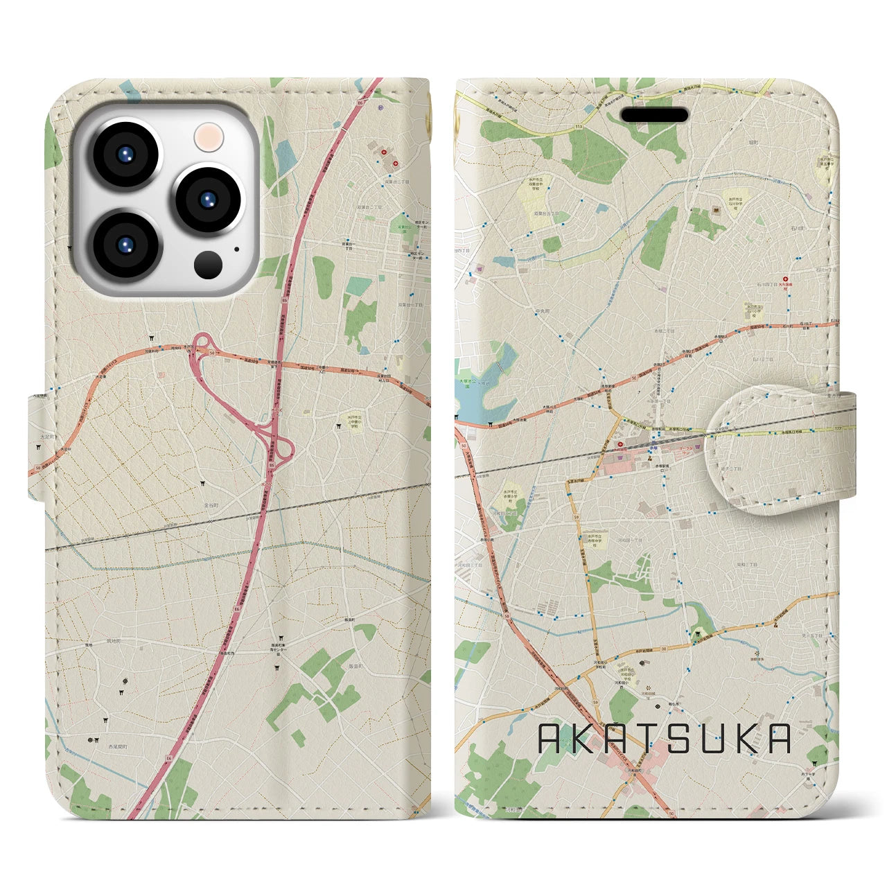 【赤塚(茨城県)】地図柄iPhoneケース(手帳タイプ)ナチュラル・iPhone 13 Pro 用
