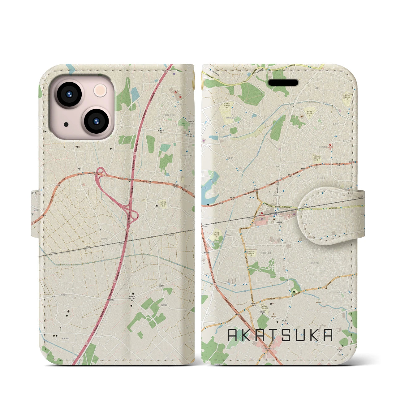 【赤塚(茨城県)】地図柄iPhoneケース(手帳タイプ)ナチュラル・iPhone 13 mini 用