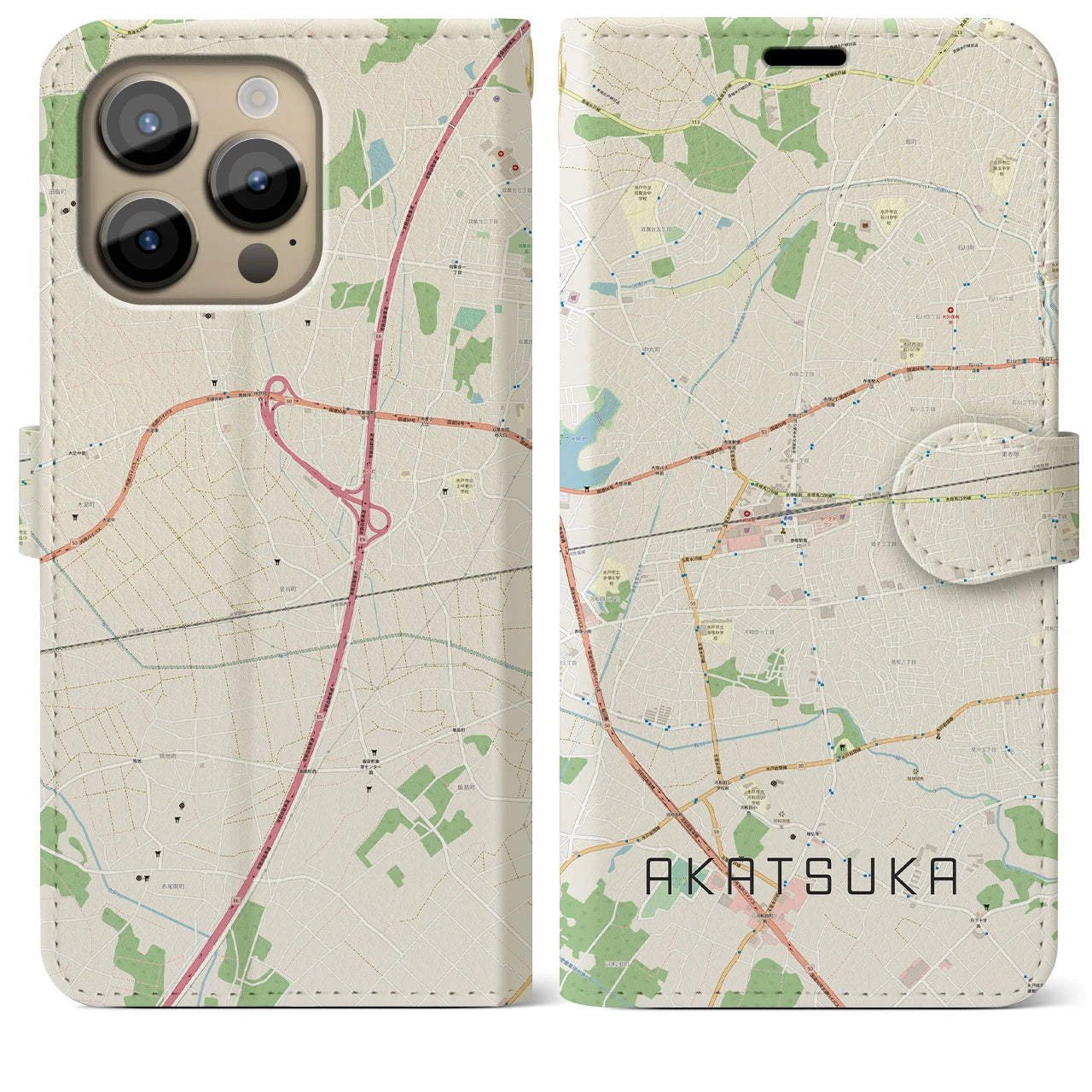 【赤塚(茨城県)】地図柄iPhoneケース(手帳タイプ)ナチュラル・iPhone 14 Pro Max 用
