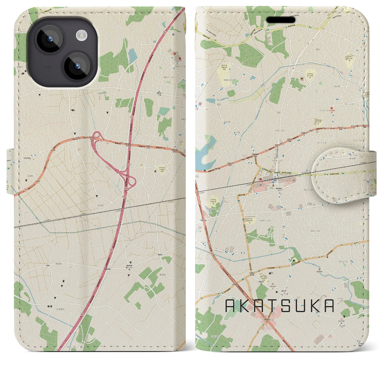【赤塚(茨城県)】地図柄iPhoneケース(手帳タイプ)ナチュラル・iPhone 14 Plus 用