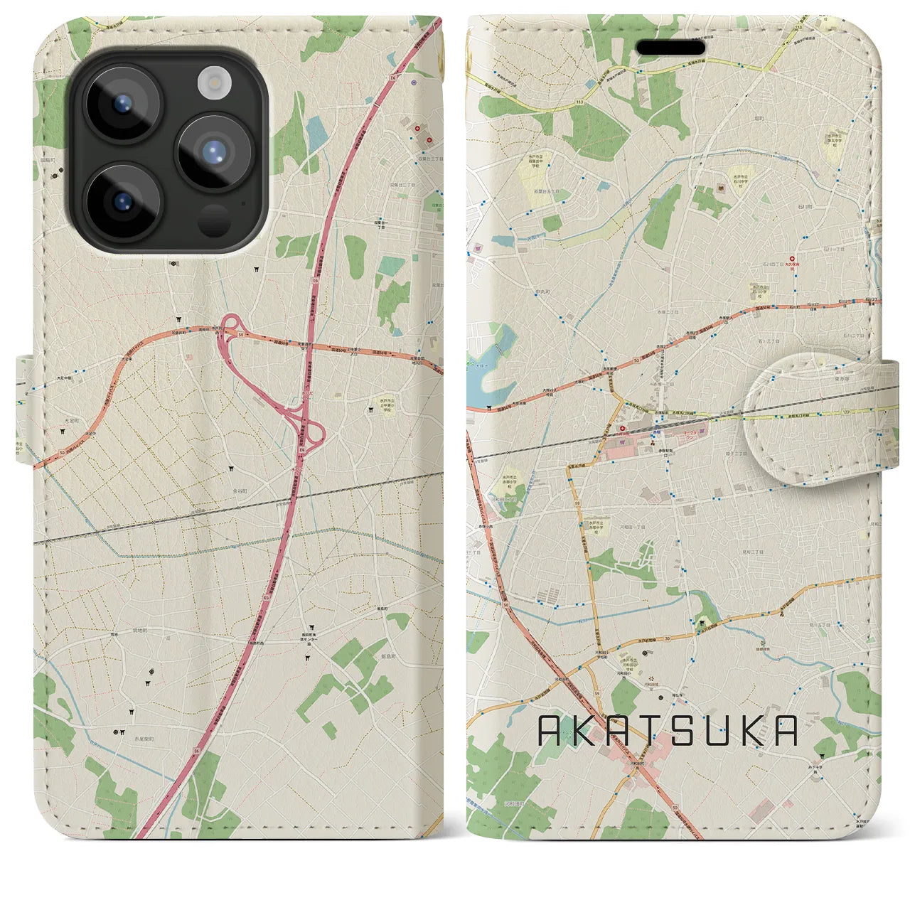 【赤塚(茨城県)】地図柄iPhoneケース(手帳タイプ)ナチュラル・iPhone 15 Pro Max 用