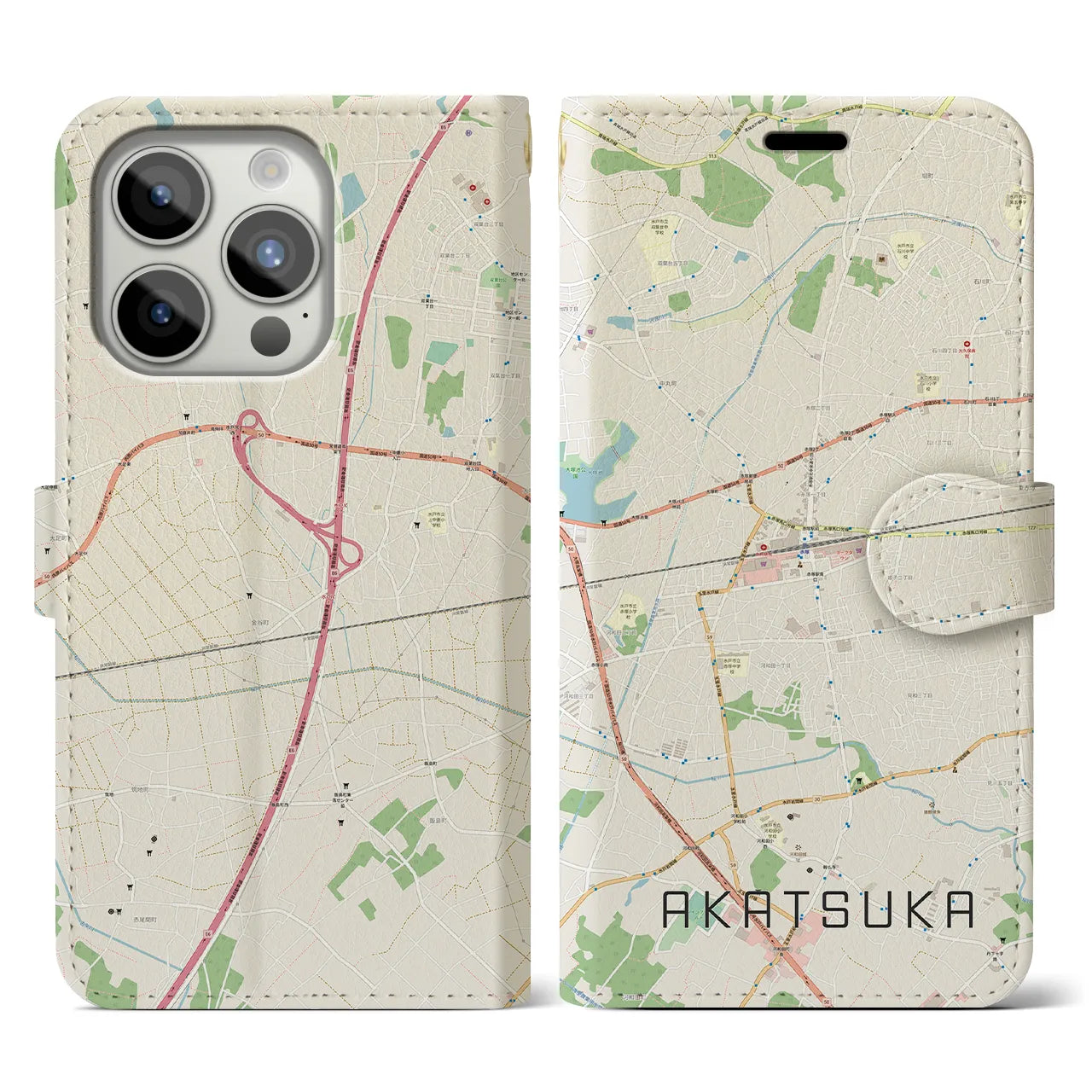 【赤塚(茨城県)】地図柄iPhoneケース(手帳タイプ)ナチュラル・iPhone 15 Pro 用