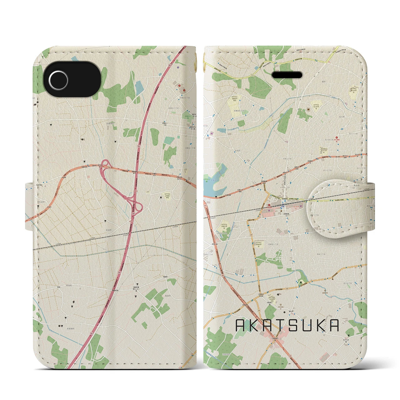 【赤塚(茨城県)】地図柄iPhoneケース(手帳タイプ)ナチュラル・iPhone SE(第3 / 第2世代) / 8 / 7 / 6s / 6 用