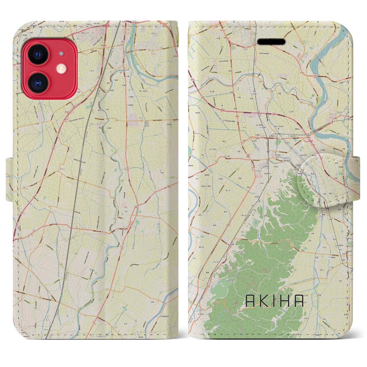 【秋葉(新潟県)】地図柄iPhoneケース(手帳タイプ)ナチュラル・iPhone 11 用
