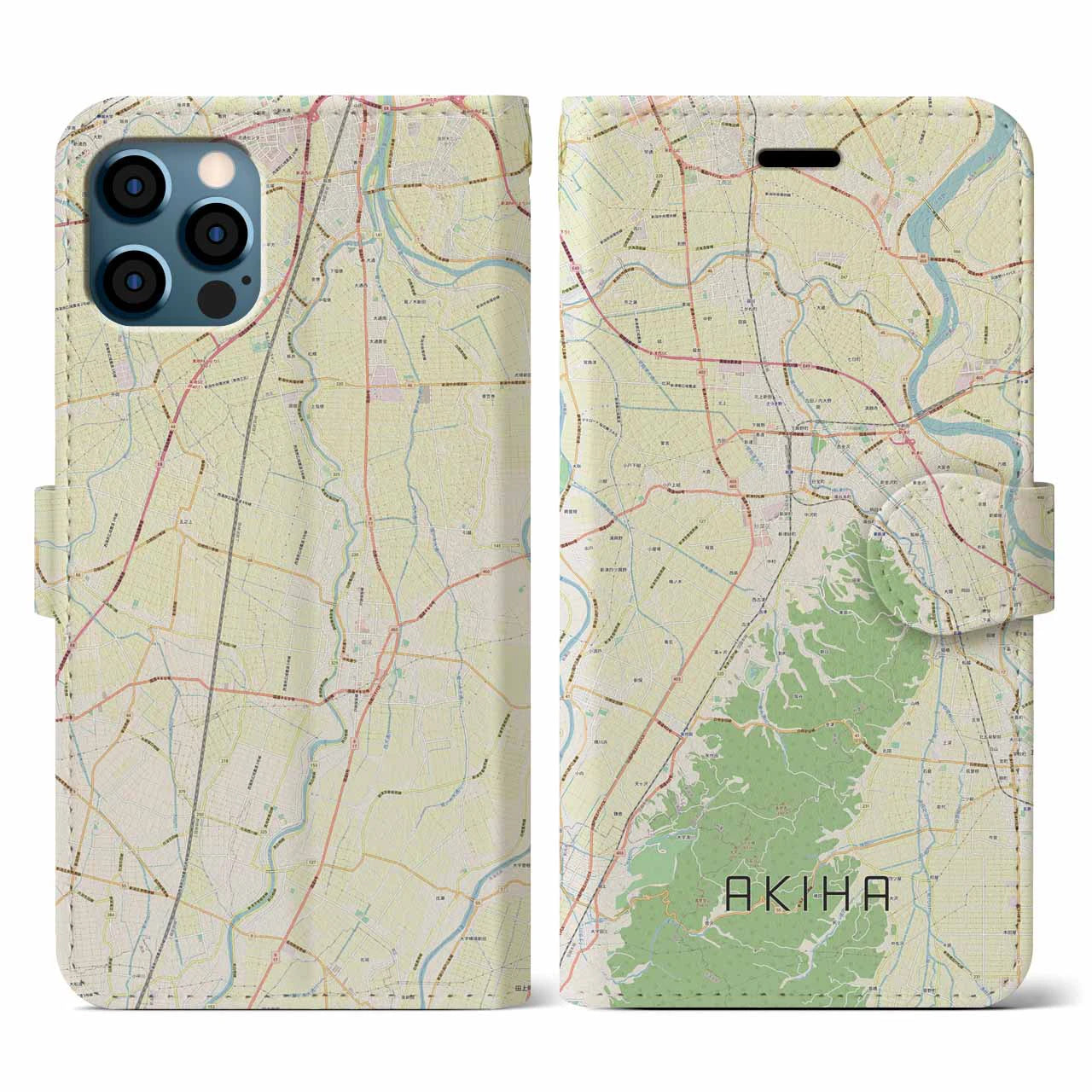 【秋葉(新潟県)】地図柄iPhoneケース(手帳タイプ)ナチュラル・iPhone 12 / 12 Pro 用