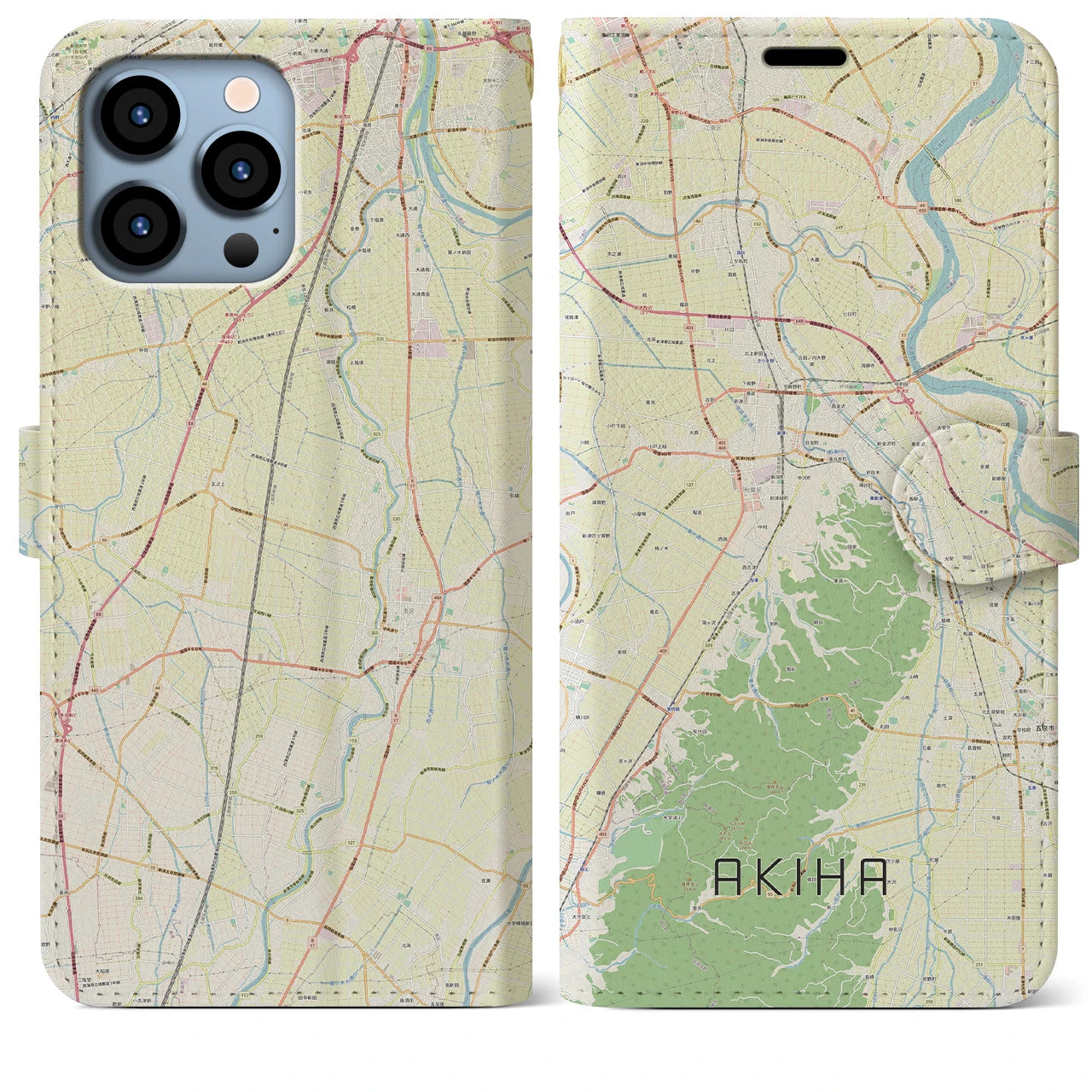 【秋葉(新潟県)】地図柄iPhoneケース(手帳タイプ)ナチュラル・iPhone 13 Pro Max 用