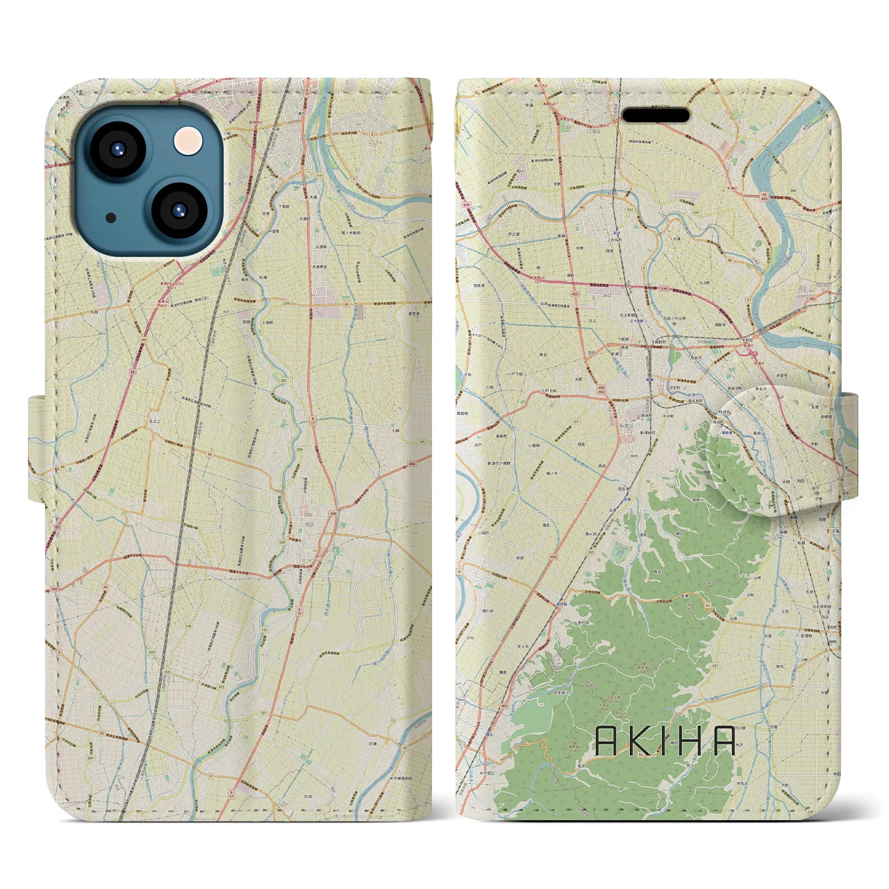 【秋葉(新潟県)】地図柄iPhoneケース(手帳タイプ)ナチュラル・iPhone 13 用