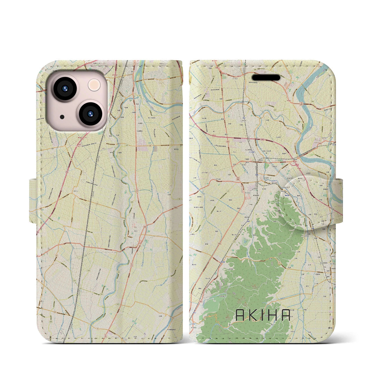 【秋葉(新潟県)】地図柄iPhoneケース(手帳タイプ)ナチュラル・iPhone 13 mini 用