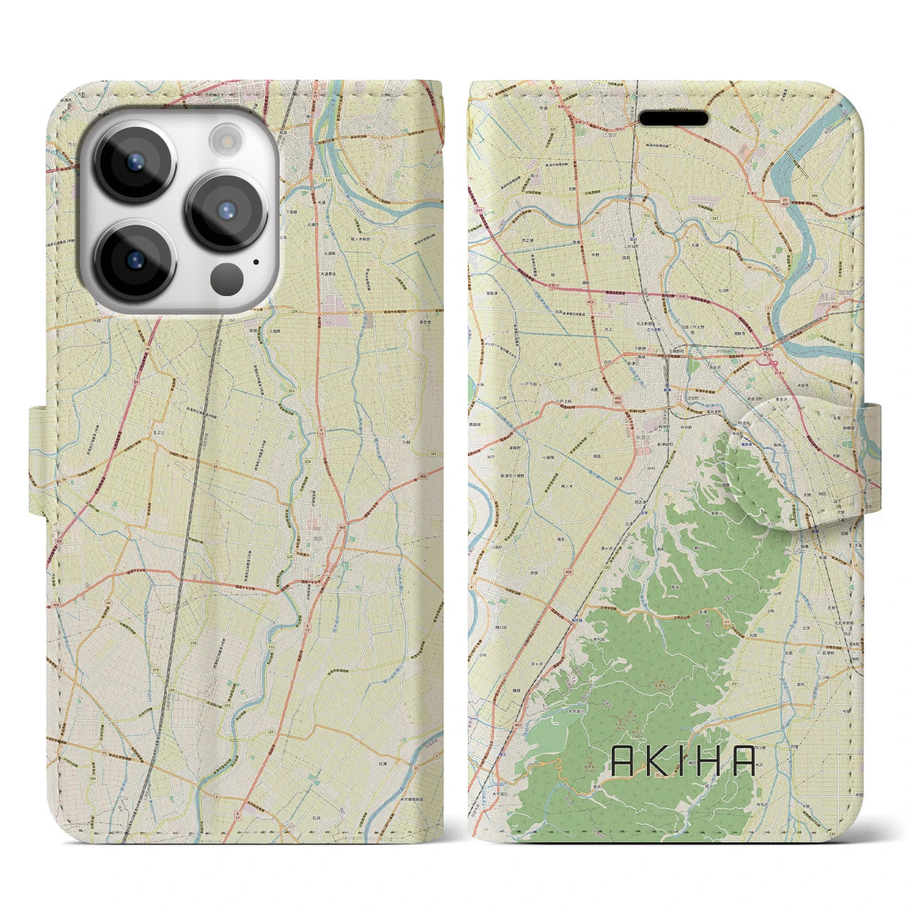 【秋葉(新潟県)】地図柄iPhoneケース(手帳タイプ)ナチュラル・iPhone 14 Pro 用