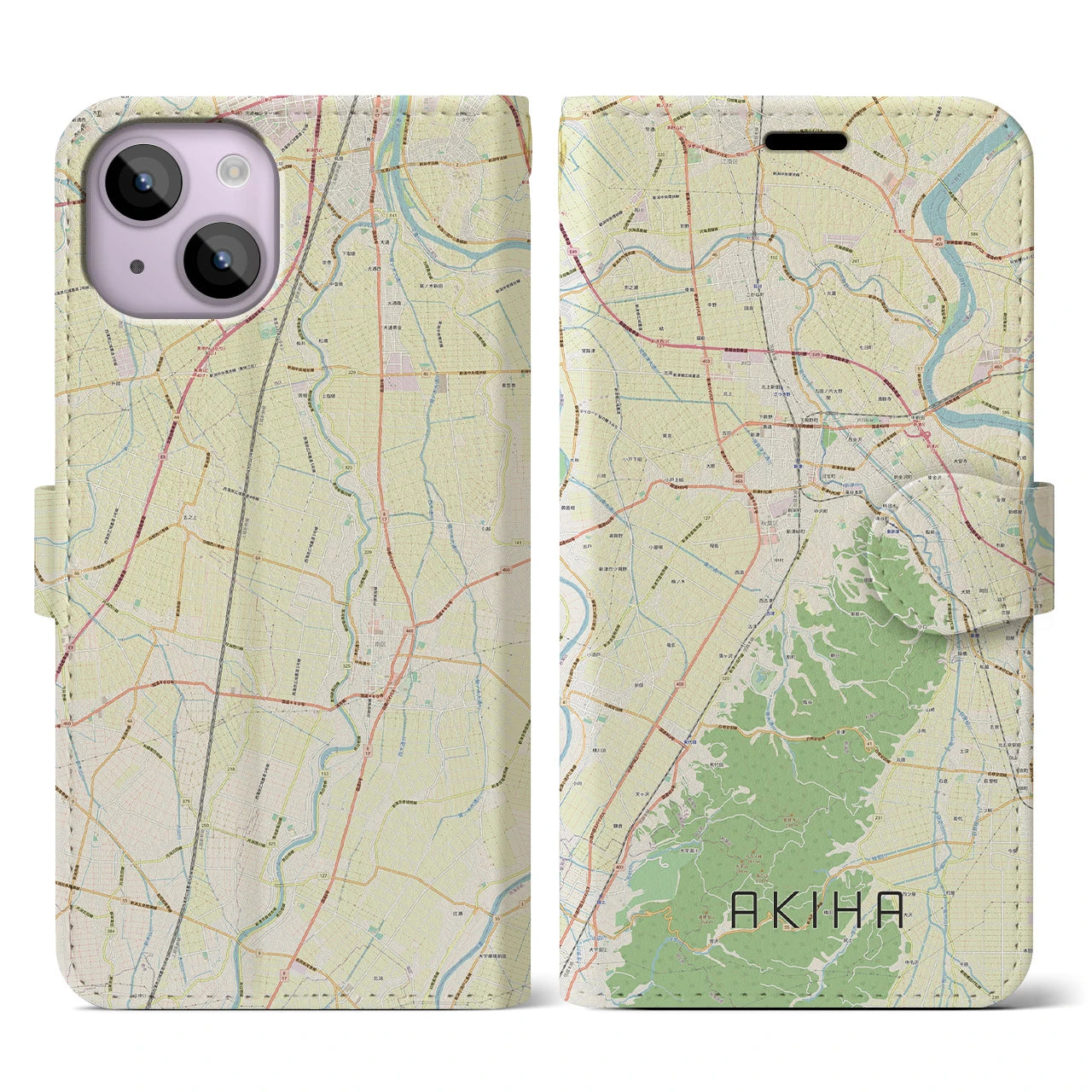 【秋葉(新潟県)】地図柄iPhoneケース(手帳タイプ)ナチュラル・iPhone 14 用