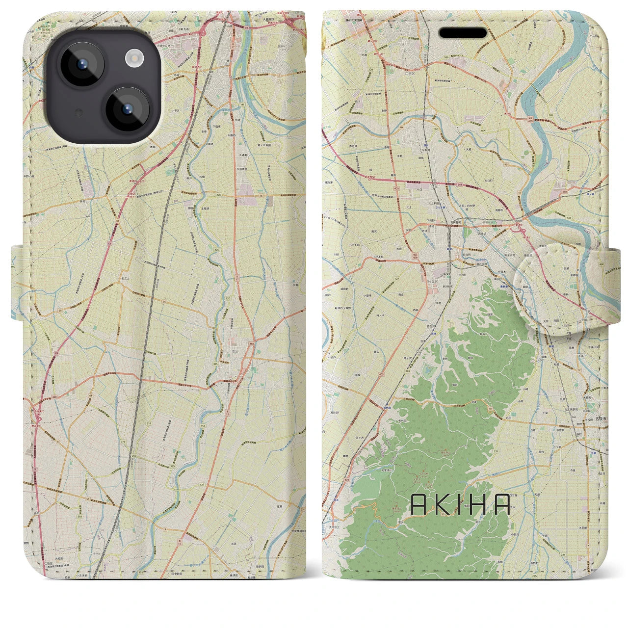 【秋葉(新潟県)】地図柄iPhoneケース(手帳タイプ)ナチュラル・iPhone 14 Plus 用