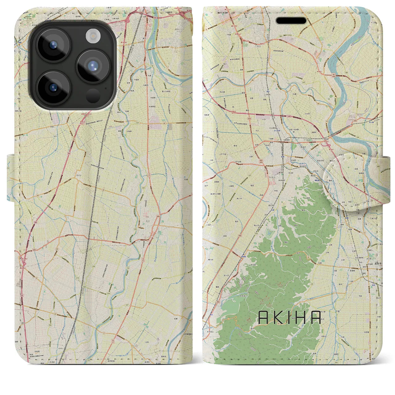 【秋葉(新潟県)】地図柄iPhoneケース(手帳タイプ)ナチュラル・iPhone 15 Pro Max 用