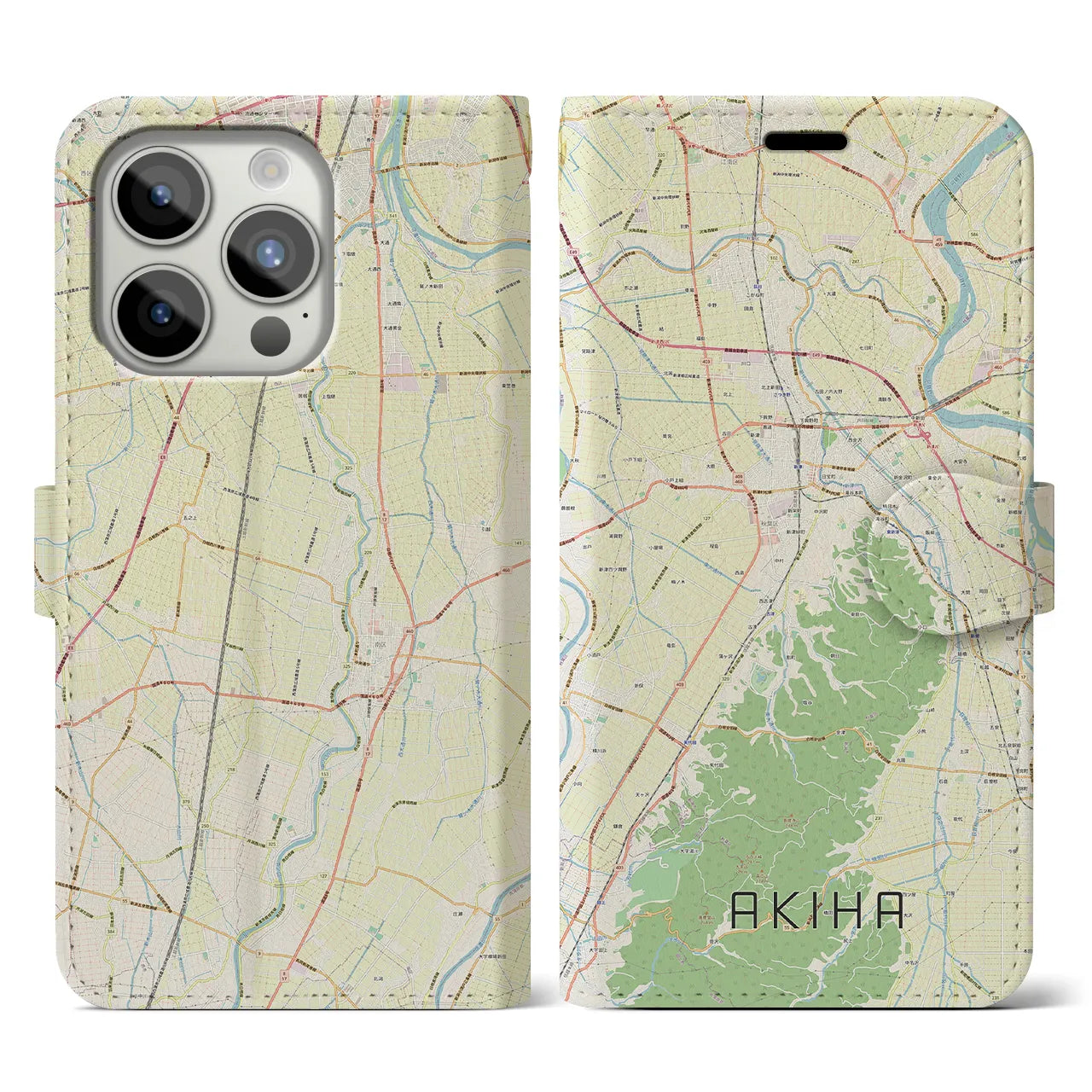 【秋葉(新潟県)】地図柄iPhoneケース(手帳タイプ)ナチュラル・iPhone 15 Pro 用