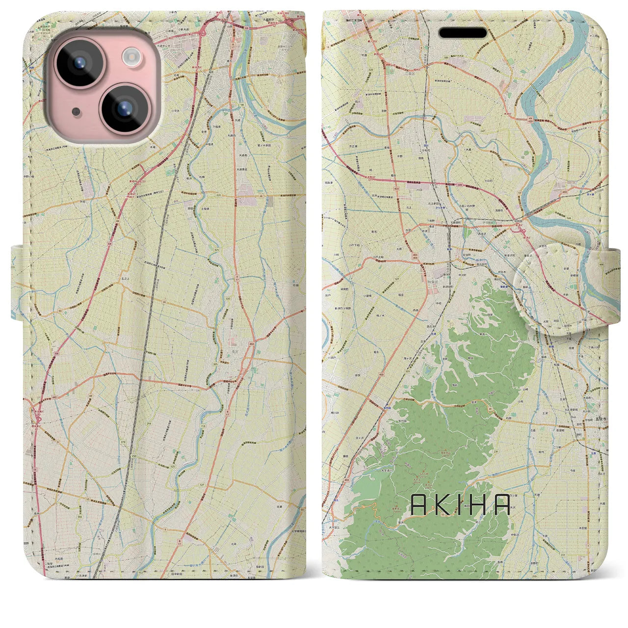 【秋葉(新潟県)】地図柄iPhoneケース(手帳タイプ)ナチュラル・iPhone 15 Plus 用
