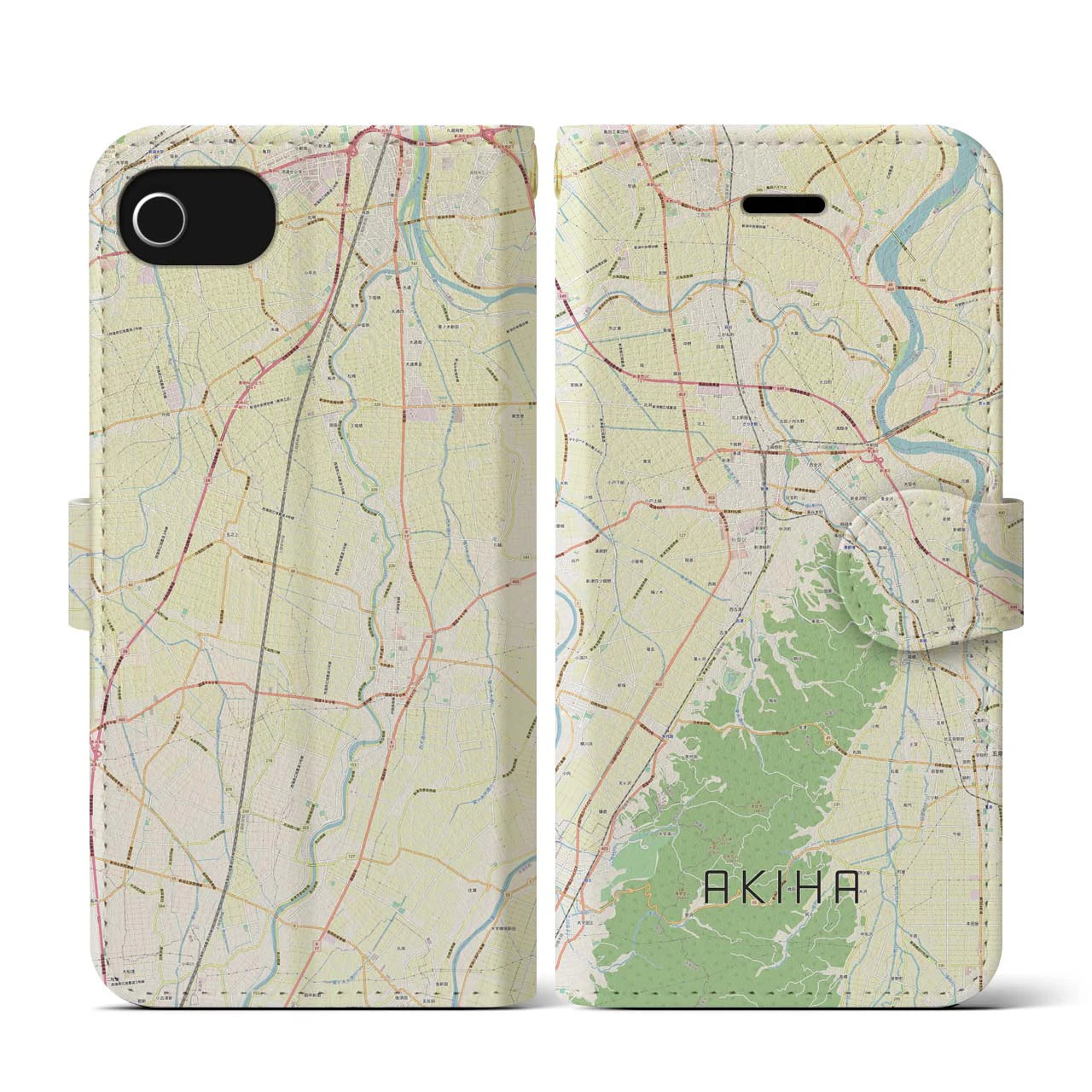 【秋葉(新潟県)】地図柄iPhoneケース(手帳タイプ)ナチュラル・iPhone SE(第3 / 第2世代) / 8 / 7 / 6s / 6 用