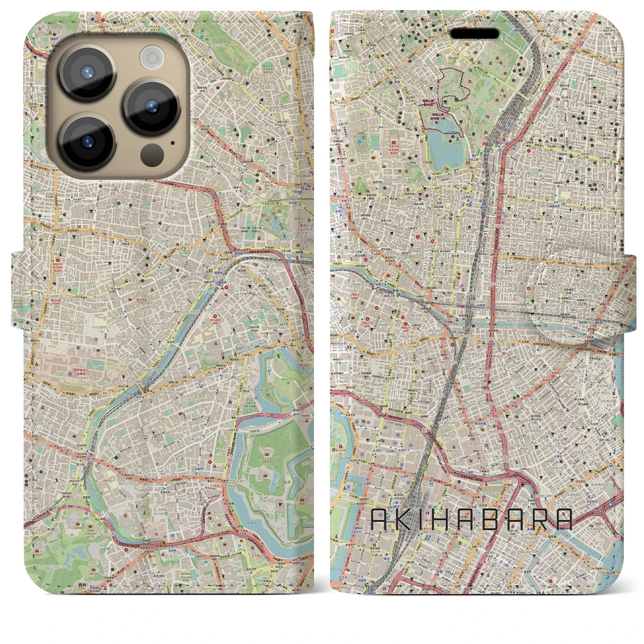【秋葉原(東京都)】地図柄iPhoneケース(手帳タイプ)ナチュラル・iPhone 14 Pro Max 用
