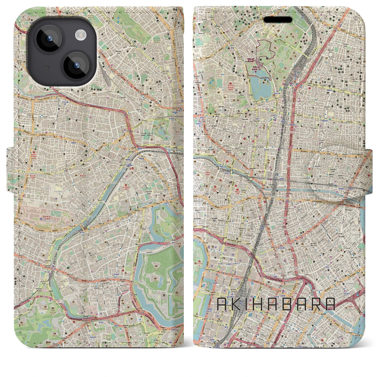 【秋葉原(東京都)】地図柄iPhoneケース(手帳タイプ)ナチュラル・iPhone 14 Plus 用
