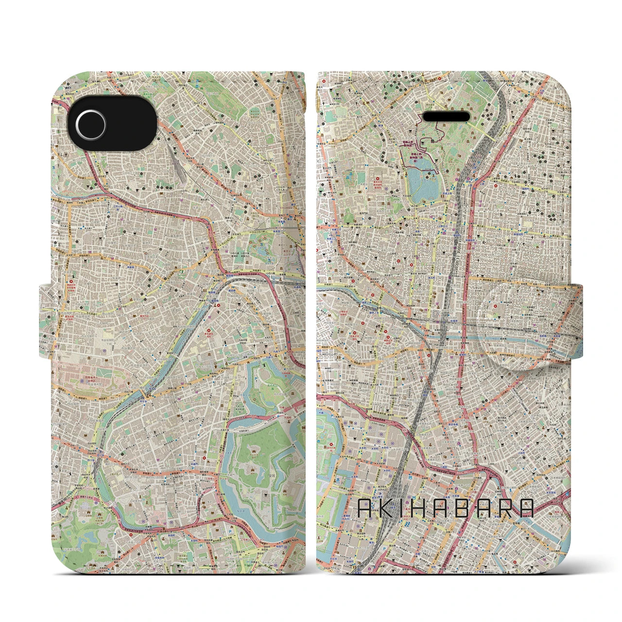【秋葉原(東京都)】地図柄iPhoneケース(手帳タイプ)ナチュラル・iPhone SE(第3 / 第2世代) / 8 / 7 / 6s / 6 用