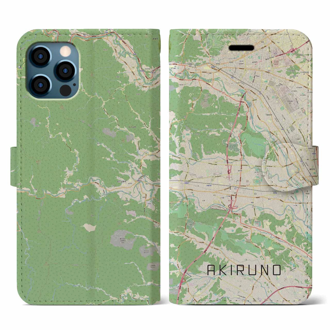 【あきる野(東京都)】地図柄iPhoneケース(手帳タイプ)ナチュラル・iPhone 12 / 12 Pro 用