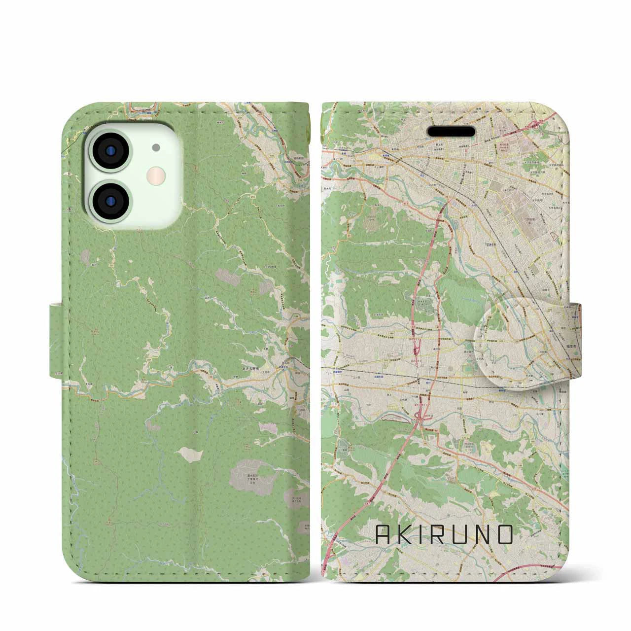 【あきる野(東京都)】地図柄iPhoneケース(手帳タイプ)ナチュラル・iPhone 12 mini 用