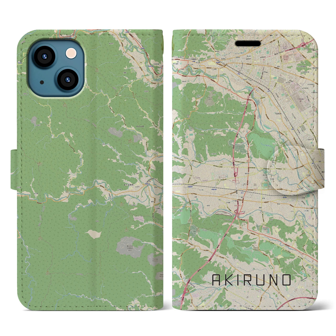 【あきる野(東京都)】地図柄iPhoneケース(手帳タイプ)ナチュラル・iPhone 13 用