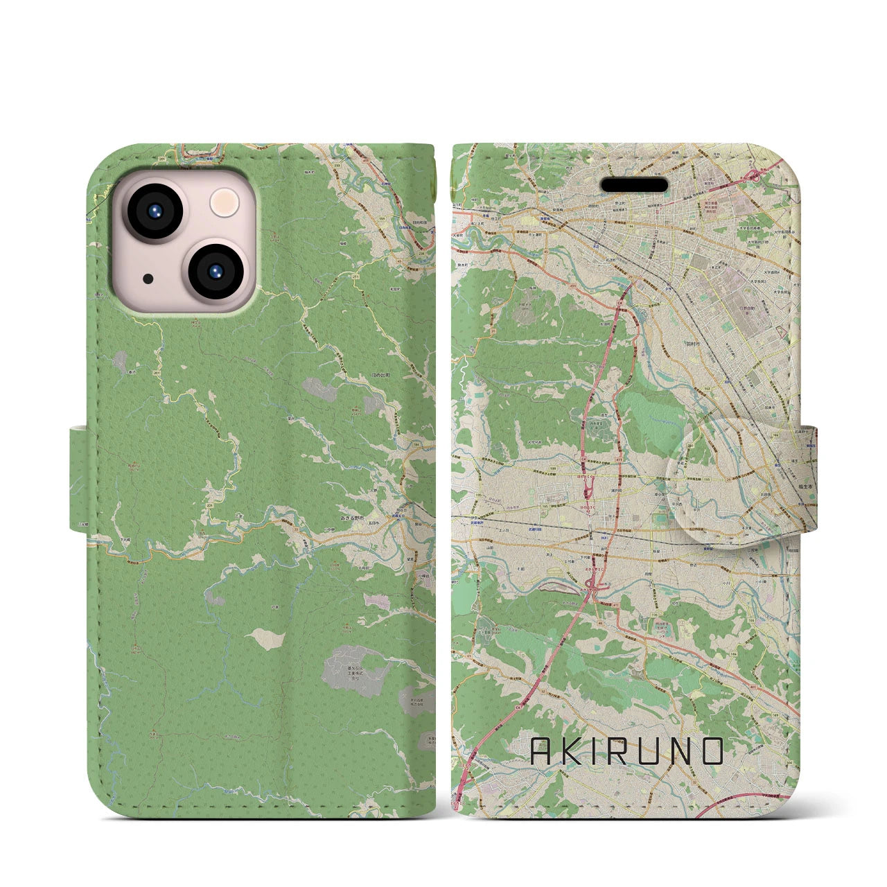 【あきる野(東京都)】地図柄iPhoneケース(手帳タイプ)ナチュラル・iPhone 13 mini 用